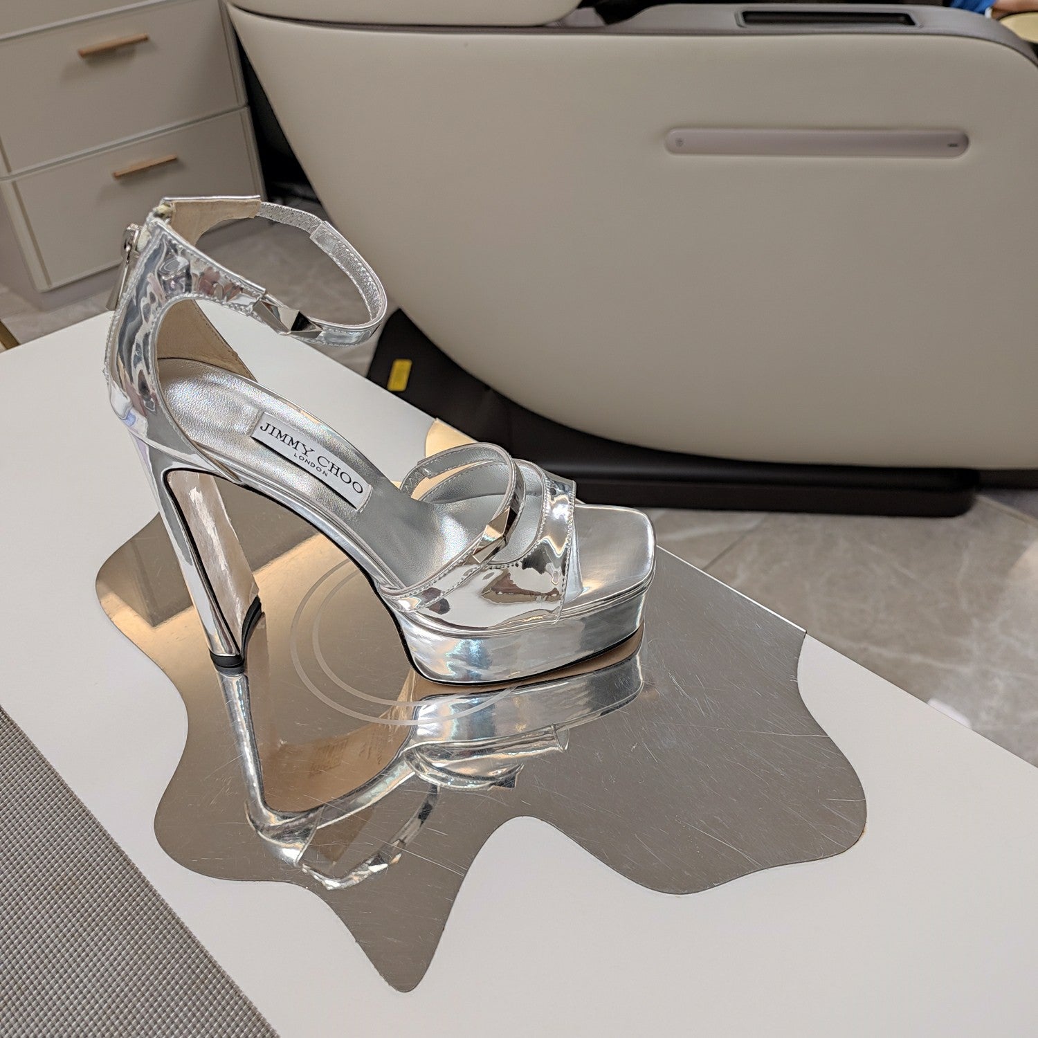 Jimmy 25 Platform Sandal Heels Silver Mirror TPU Material 240008