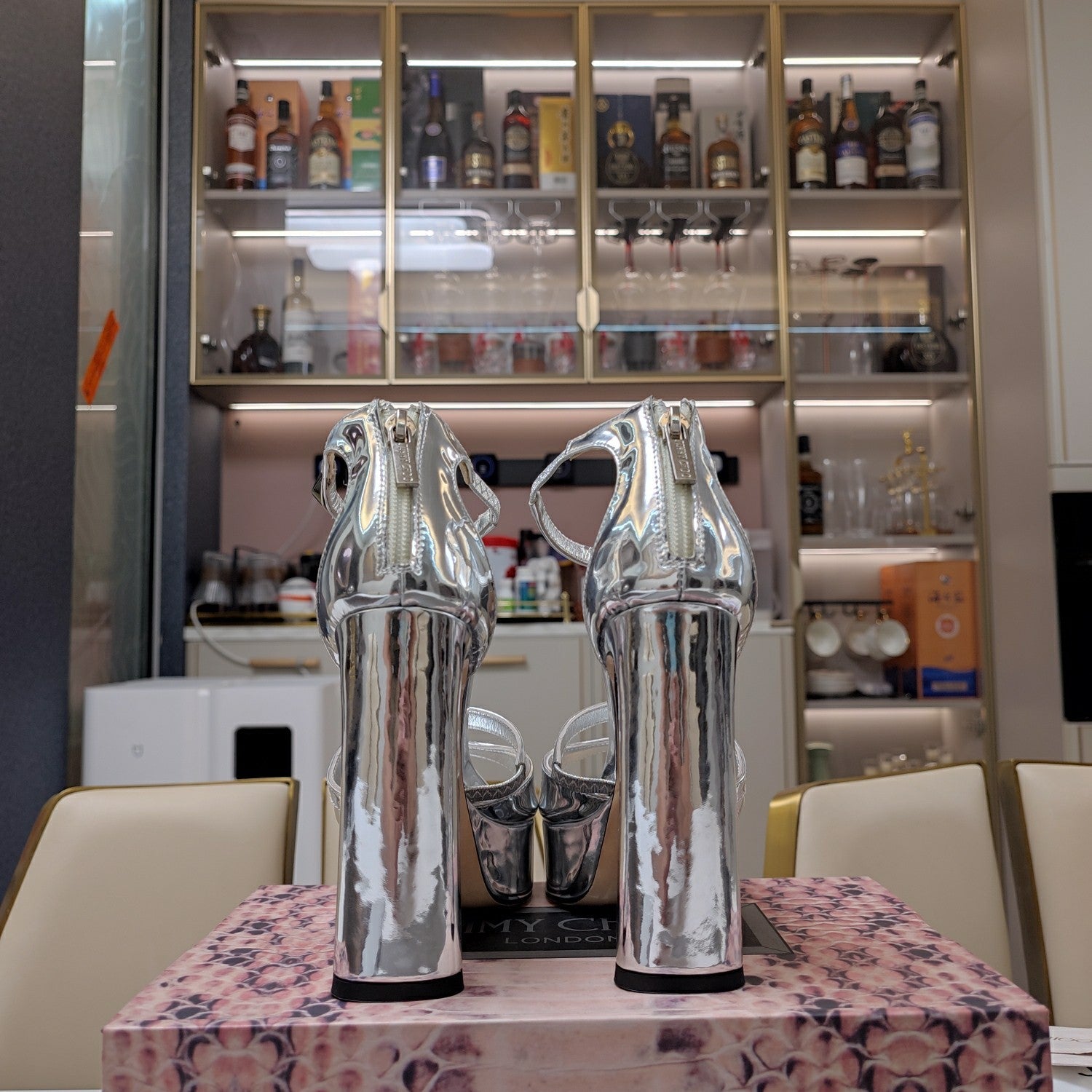 Jimmy 25 Platform Sandal Heels Silver Mirror TPU Material 240008