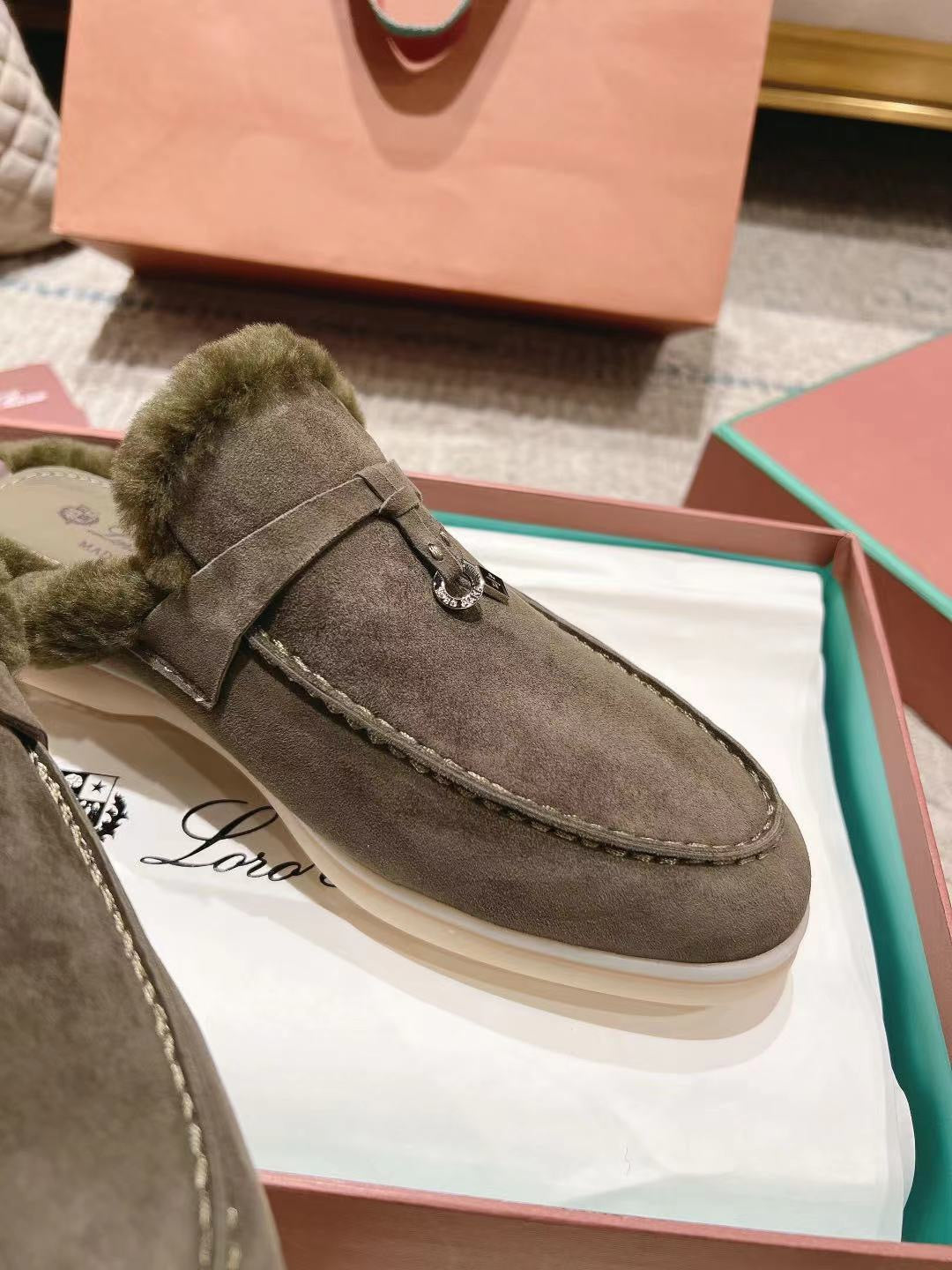 LP Charms Walk Babouche Loafer Army Green Suede With Rabbit Fur Lining 206233