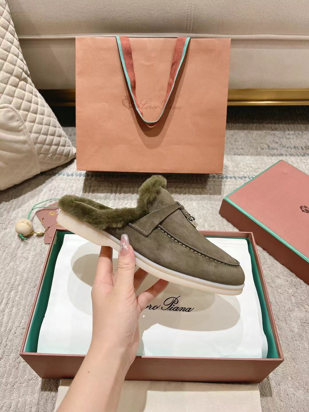 LP Charms Walk Babouche Loafer Army Green Suede With Rabbit Fur Lining 206233