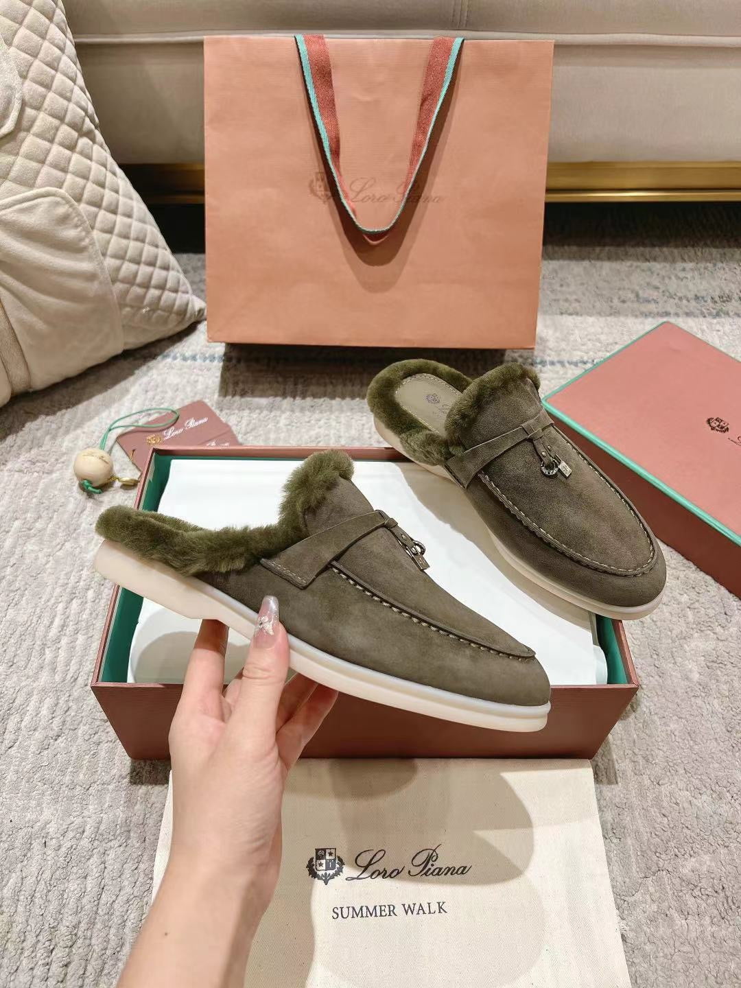 LP Charms Walk Babouche Loafer Army Green Suede With Rabbit Fur Lining 206233