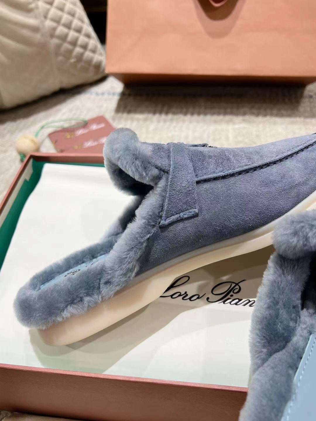 LP Charms Walk Babouche Loafer Pigeon Blue Suede With Rabbit Fur Lining 206238