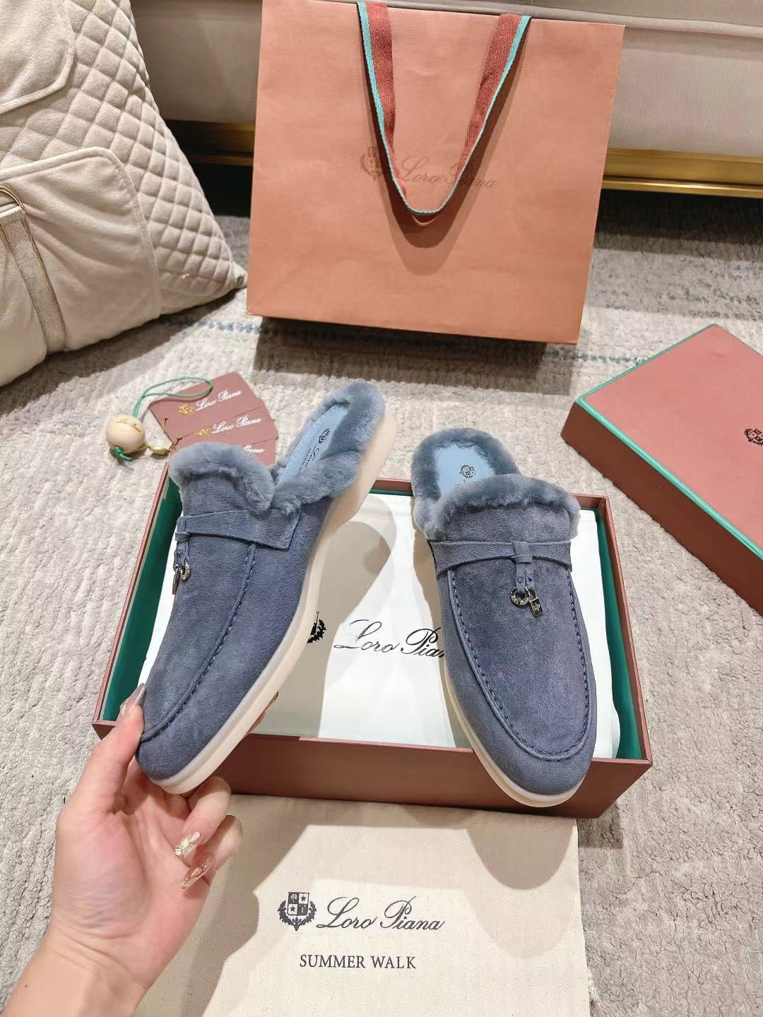 LP Charms Walk Babouche Loafer Pigeon Blue Suede With Rabbit Fur Lining 206238