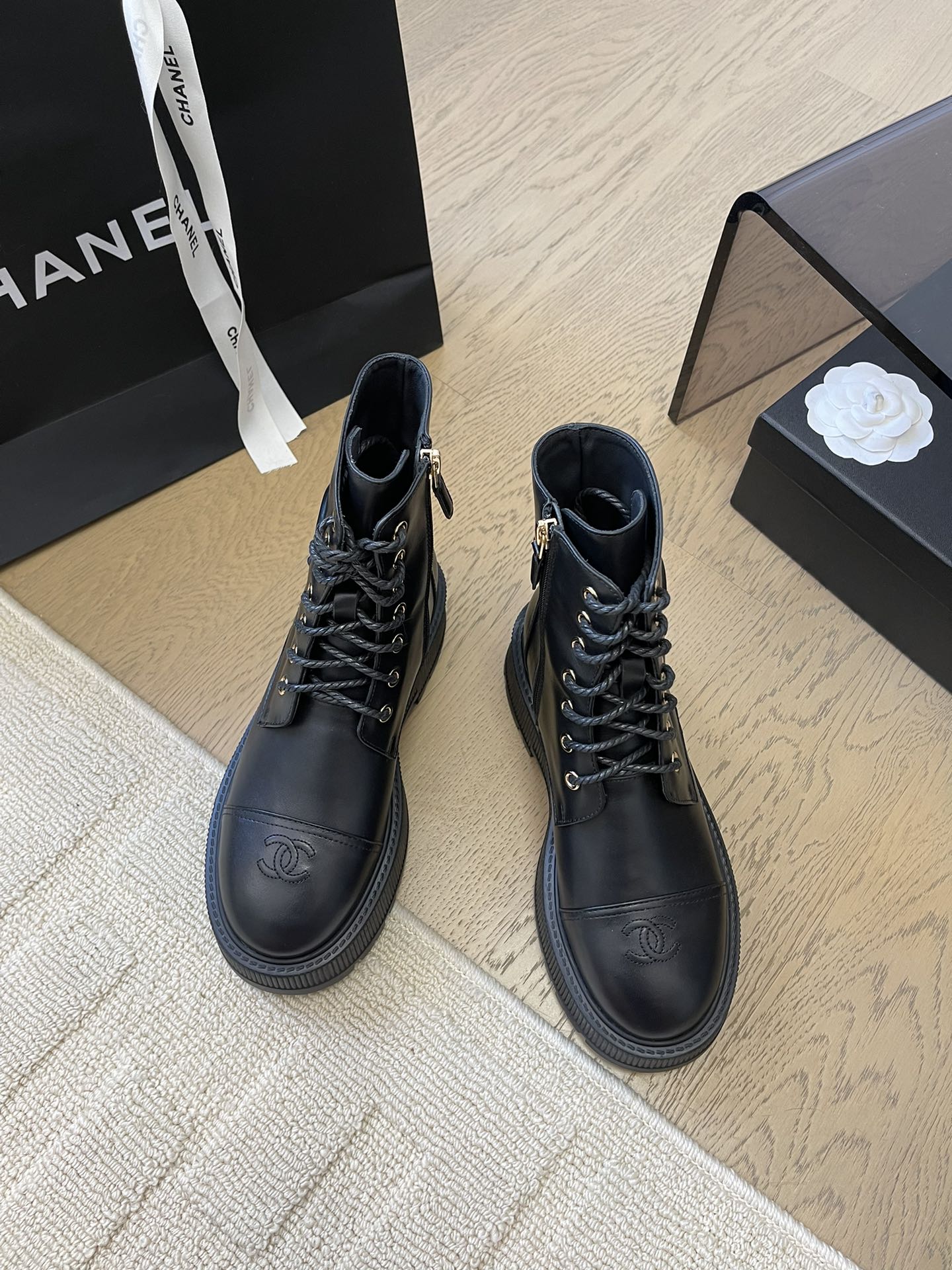 Chanel 2025 Lace-up Ankle Boot Black Calfskin 963004