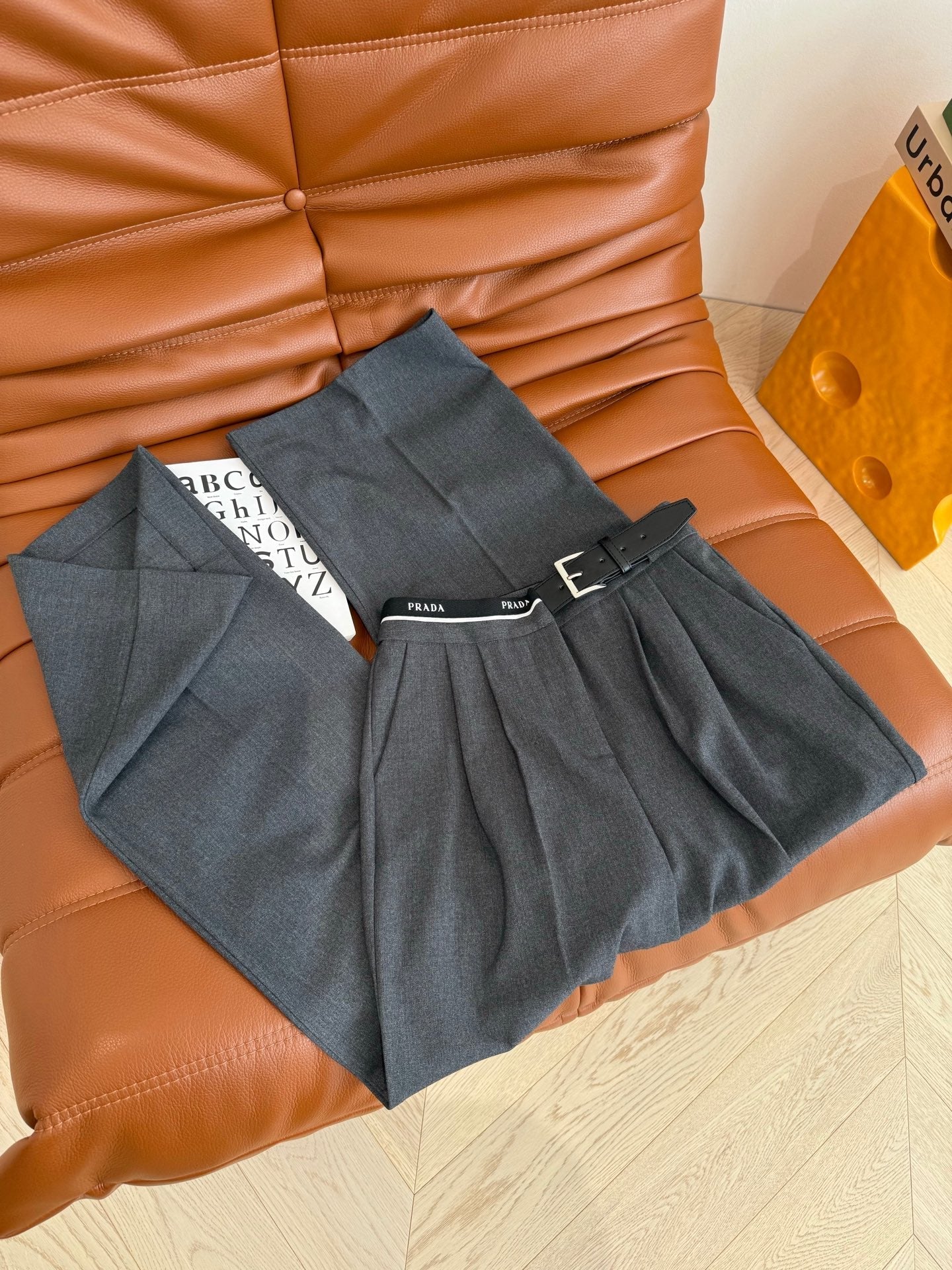 Prada 25 Leather Strap and Webbing Stitching Trousers Wool