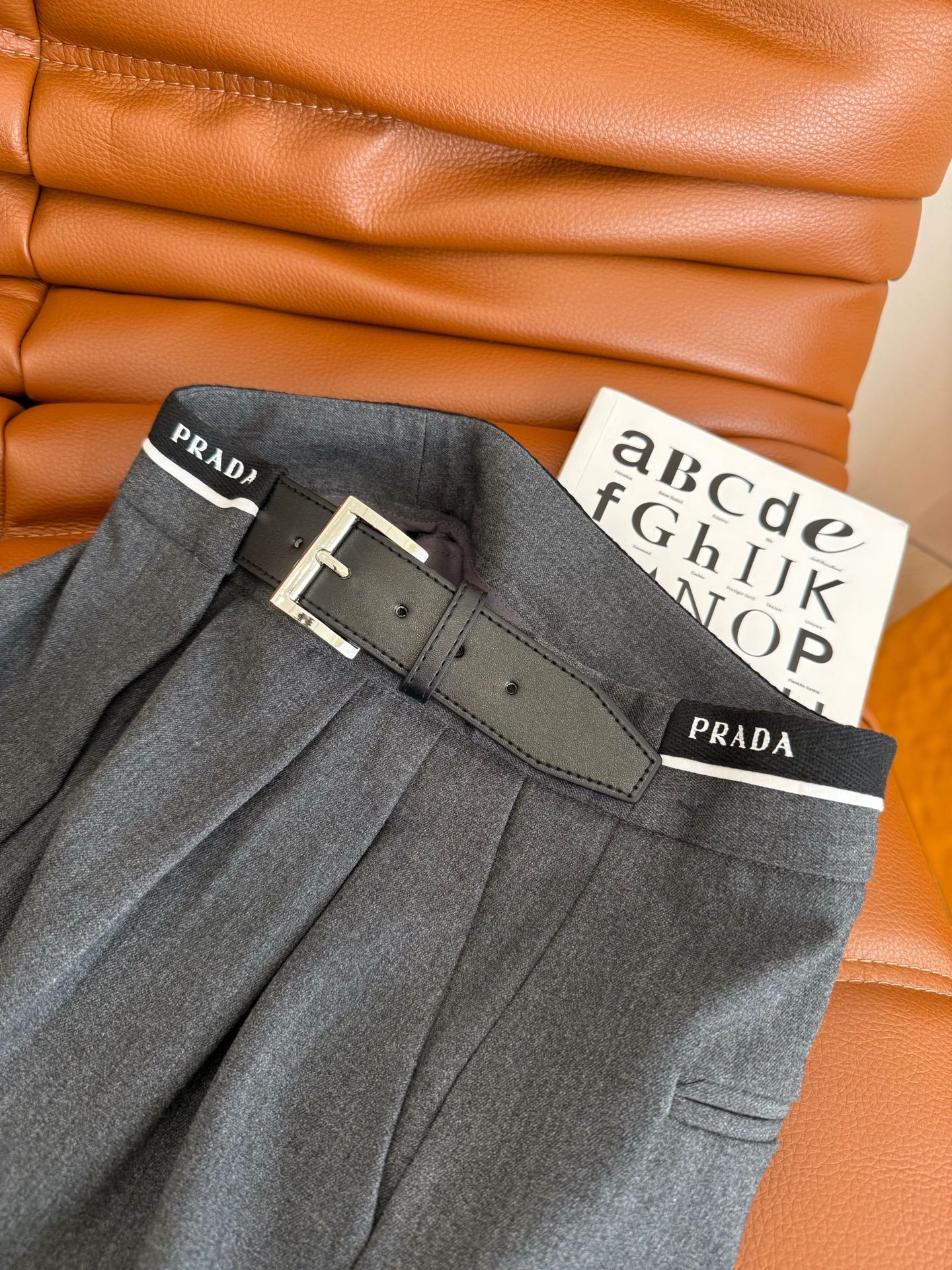 Prada 25 Leather Strap and Webbing Stitching Trousers Wool