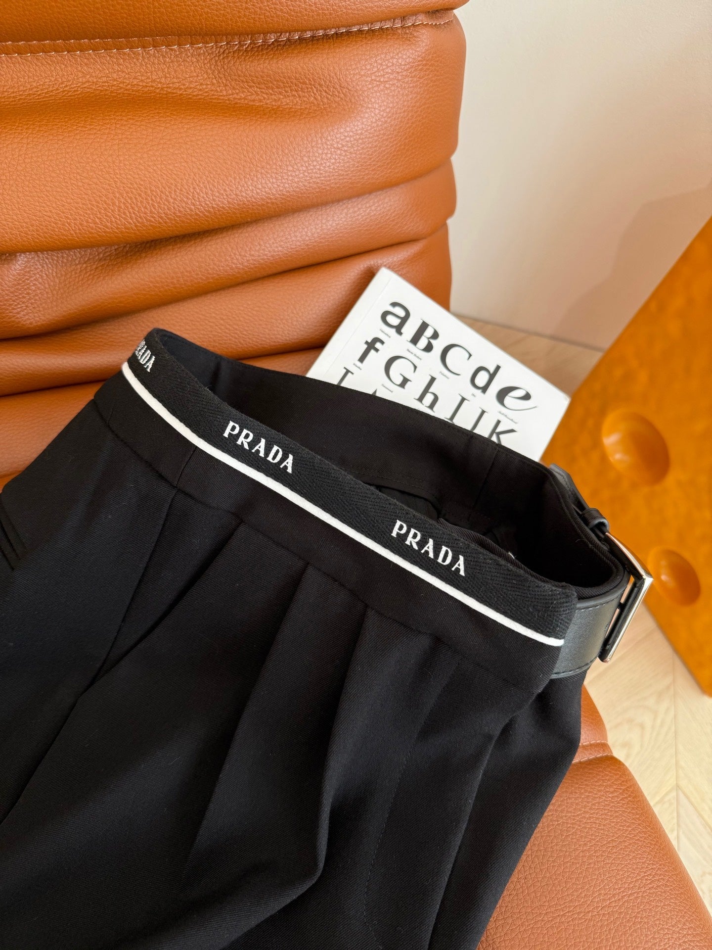 Prada 25 Leather Strap and Webbing Stitching Trousers Wool