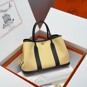 HM Garden Party 30cm Bag Black Togo Light Beige Canvas