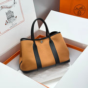 HM Garden Party 30cm Bag Black Togo Brown Canvas