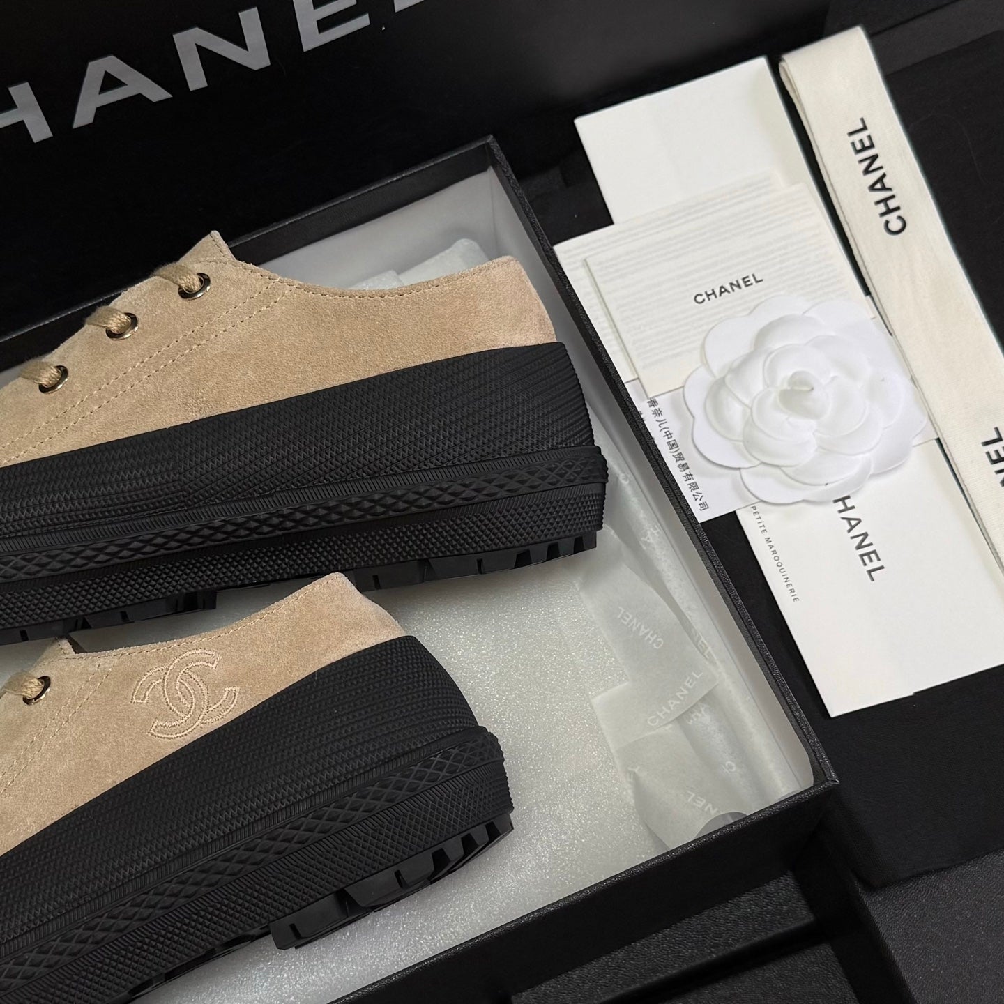 Chanel 2026 Sneakers Beige Black Suede 943012