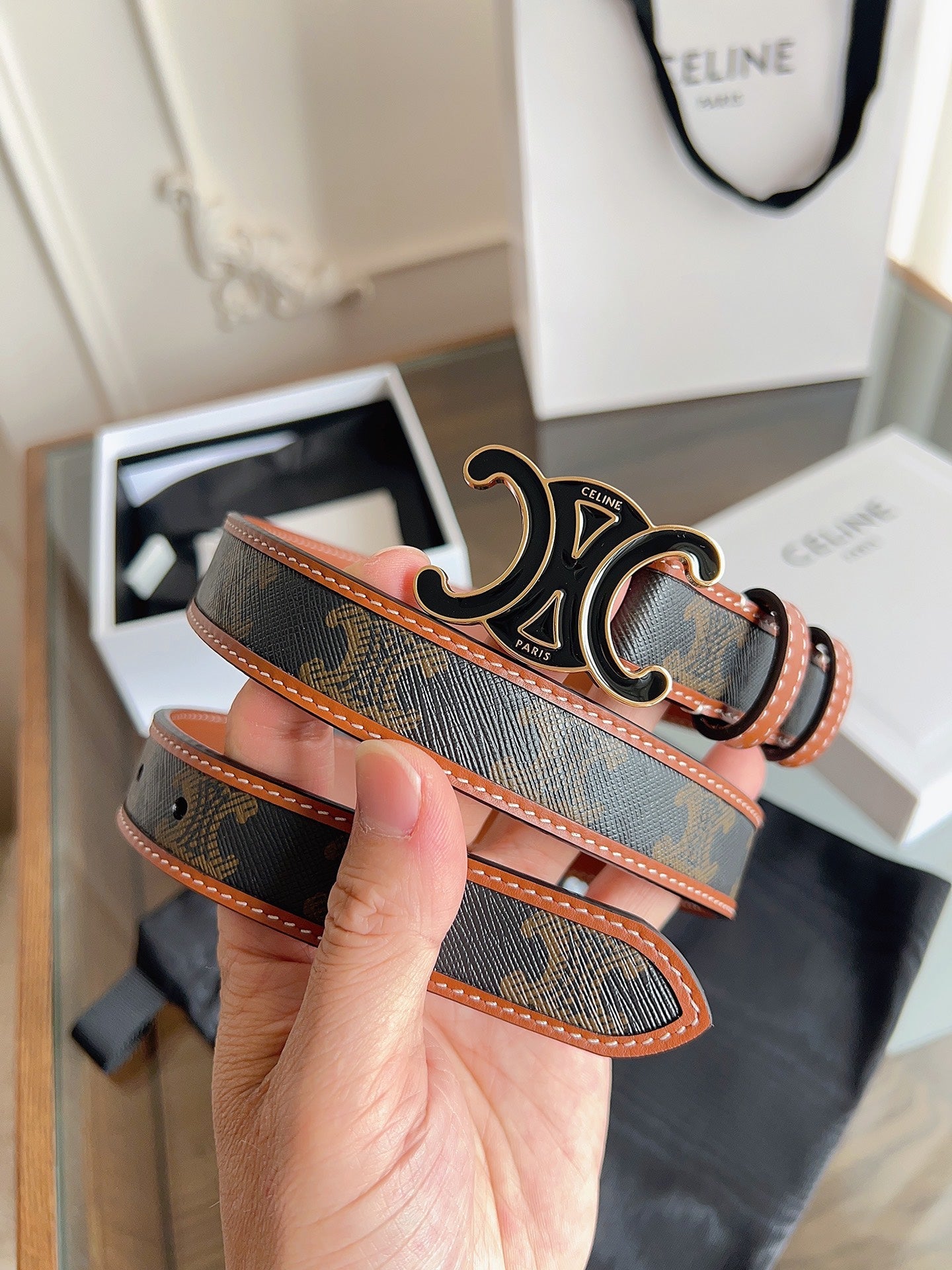 CL Black 25mm Triomphe Enamel Saddle Dark Brown Monogram Cowhide 615273