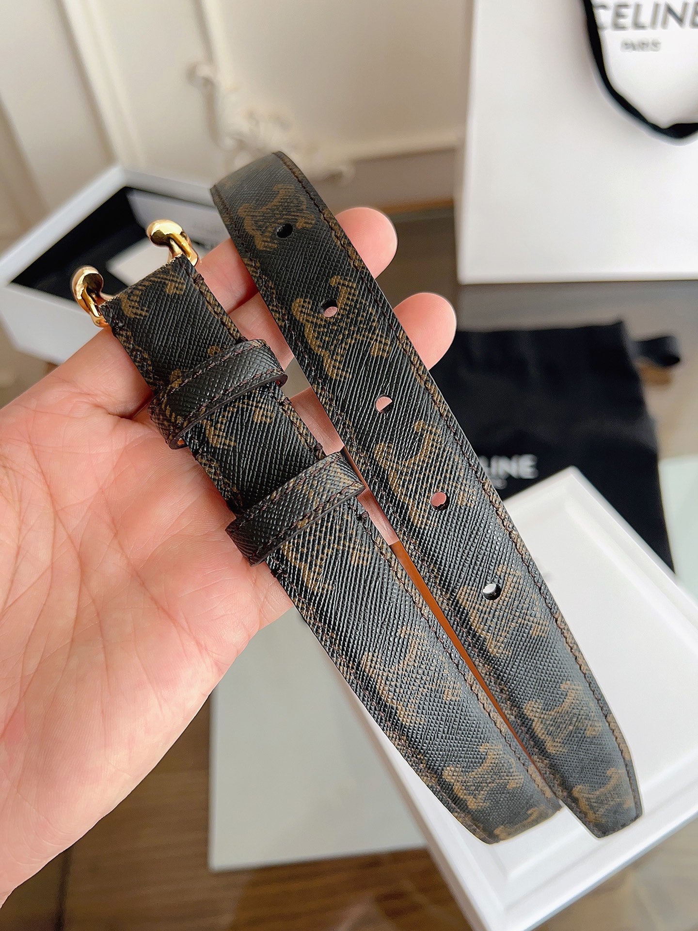 CL Black 25mm Triomphe Enamel Saddle Dark Brown Monogram Cowhide  615275