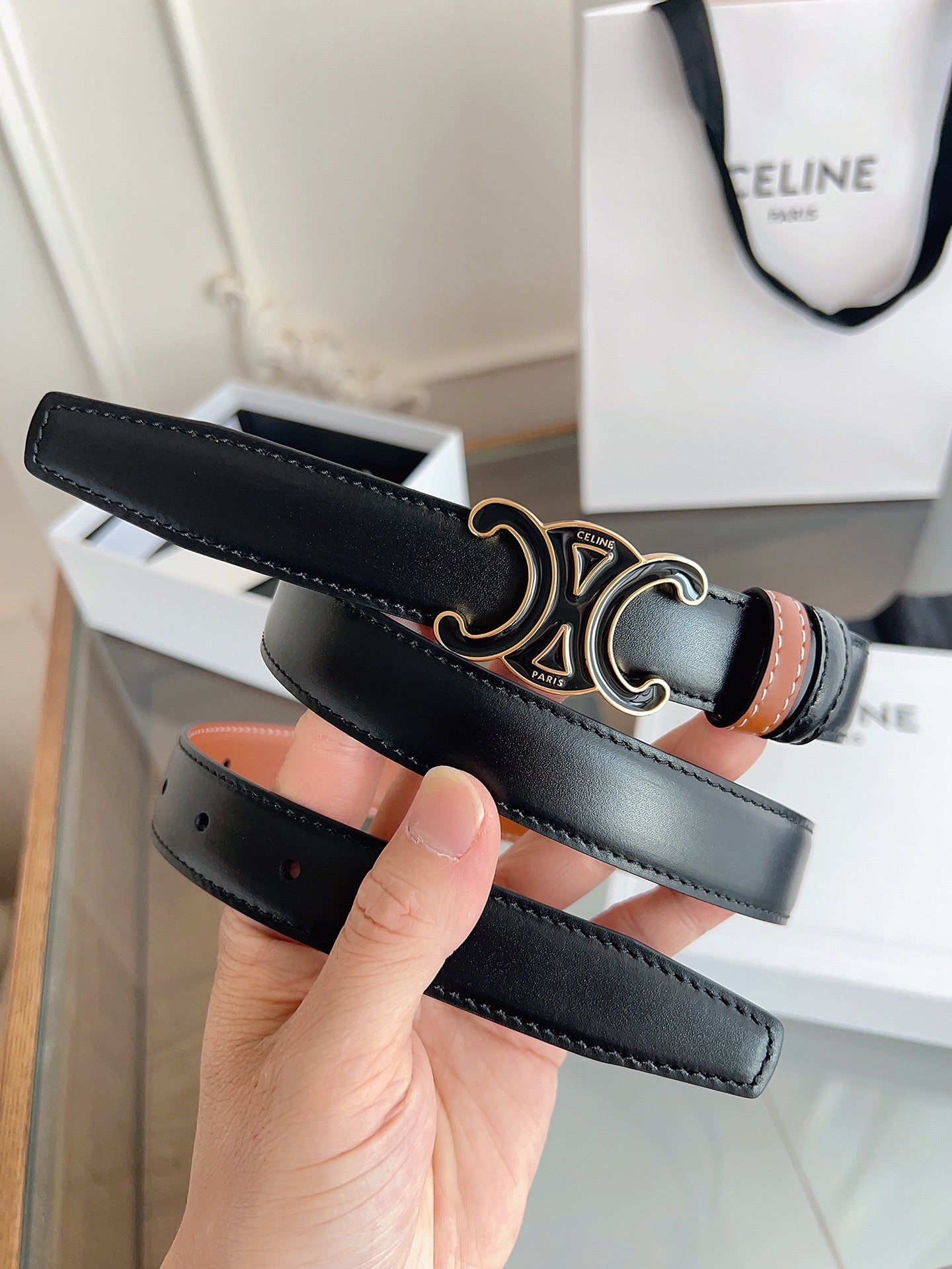 CL Black 25mm Triomphe Enamel Black Orange Cowhide  615281