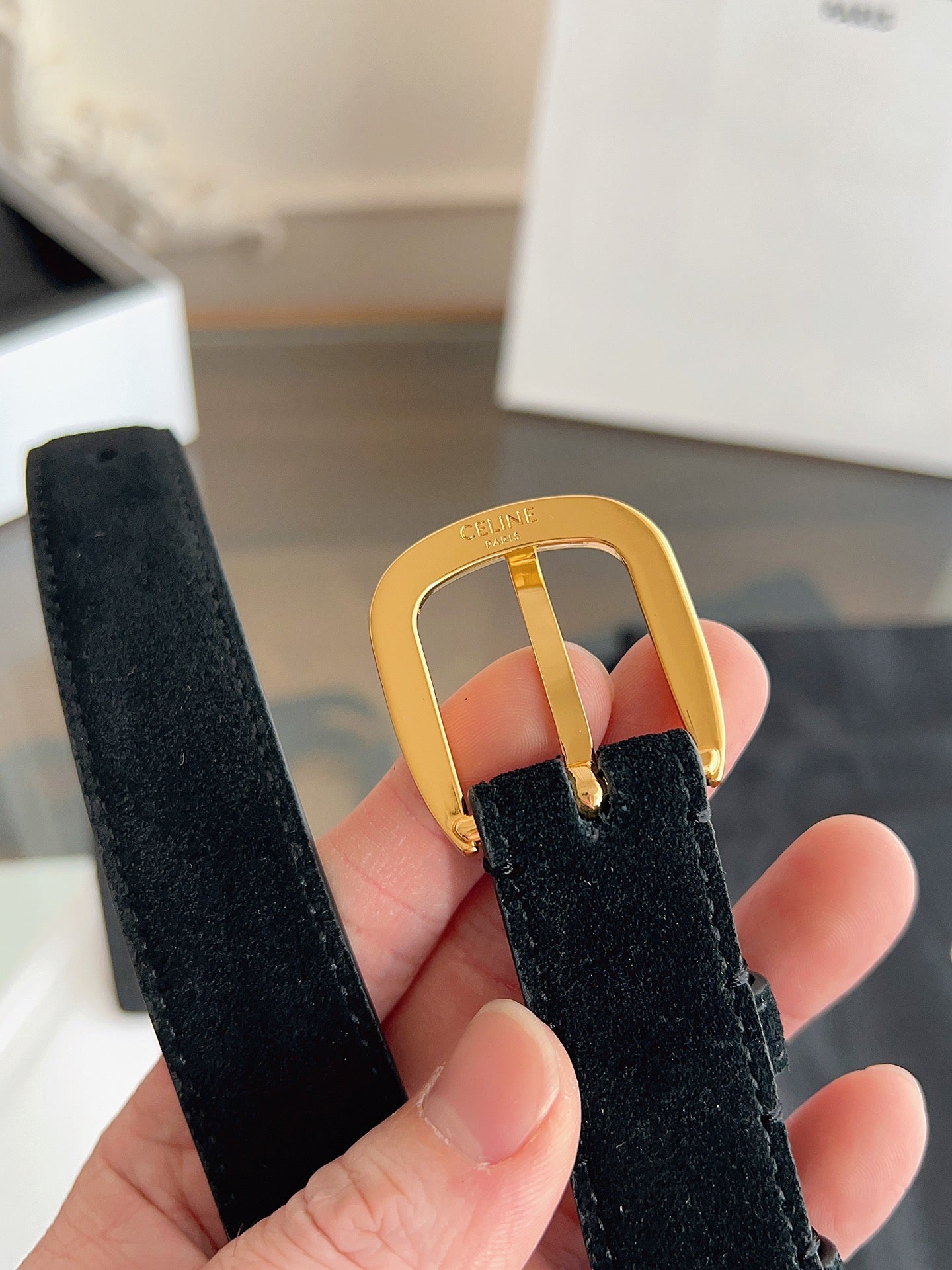 CL Gold 25mm Triomphe Metal Ring Black Suede 616255