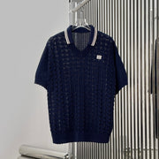 Miumiu 2026 Openwork Knit Crochet Shirt Navy Blue Wool