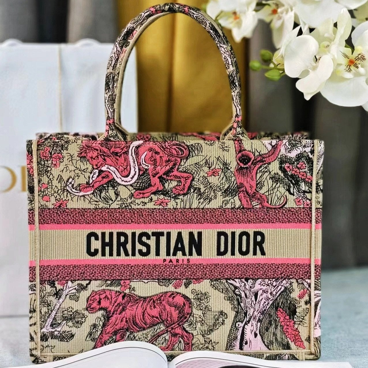 medium dioriviera 36 pink beige tiger embroidery canvas