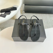 SL Silk Bow T-Strap Flat Sandals Black Leather