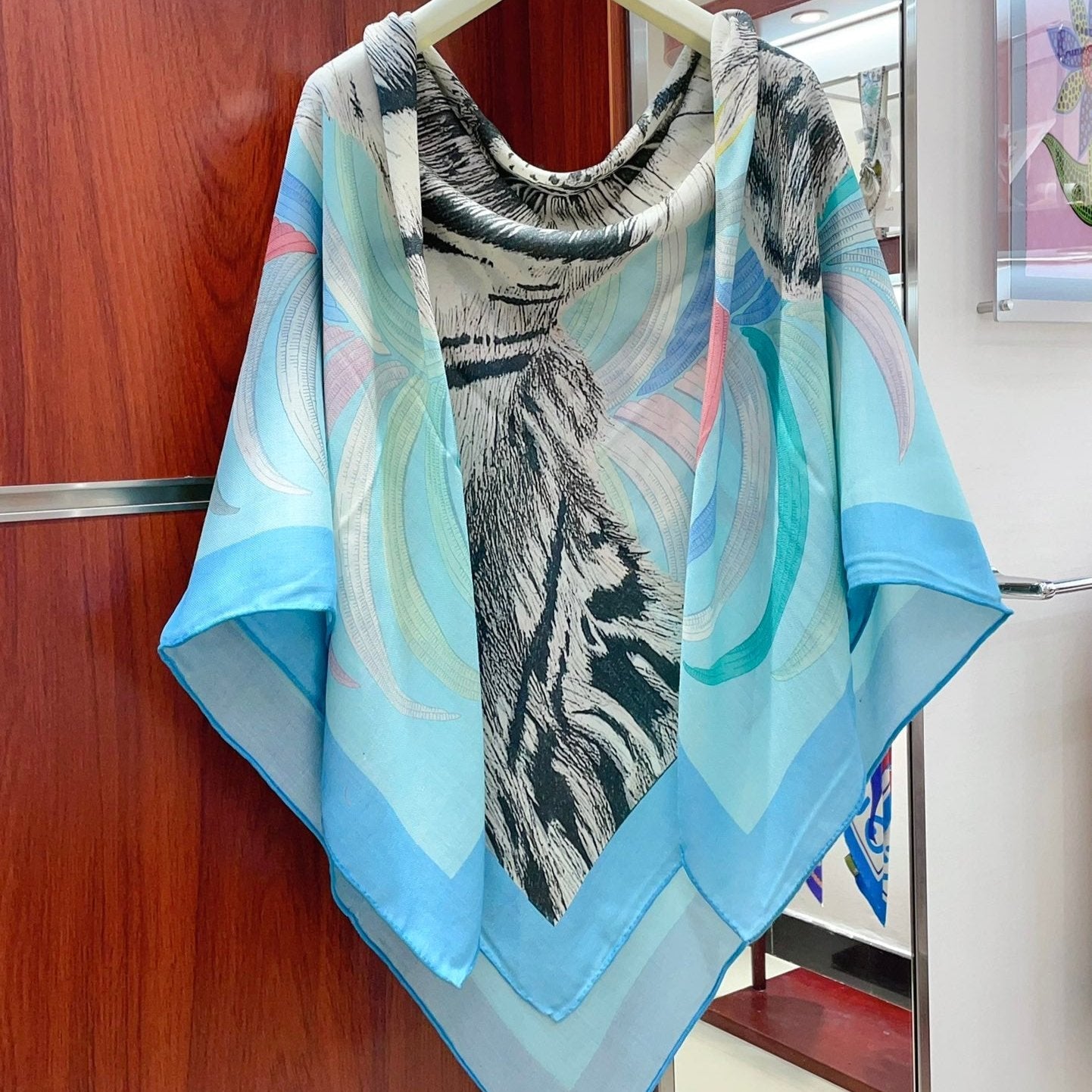 Tigre Royal Double Face Scarf 140 CM In Light Turquoise Colorful Cashmere And Silk 254647