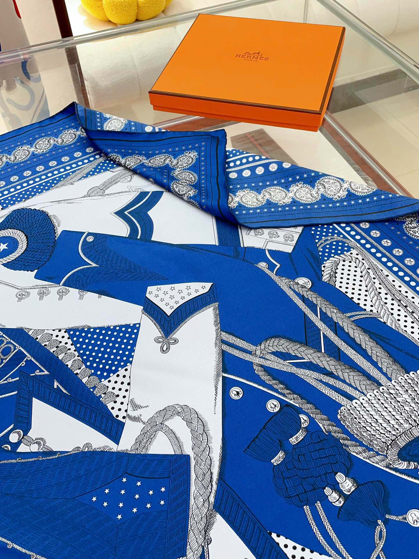 Zouaves Et Dragons Bandana Shawl 90 CM In Blue Colorful Silk Twill 262789