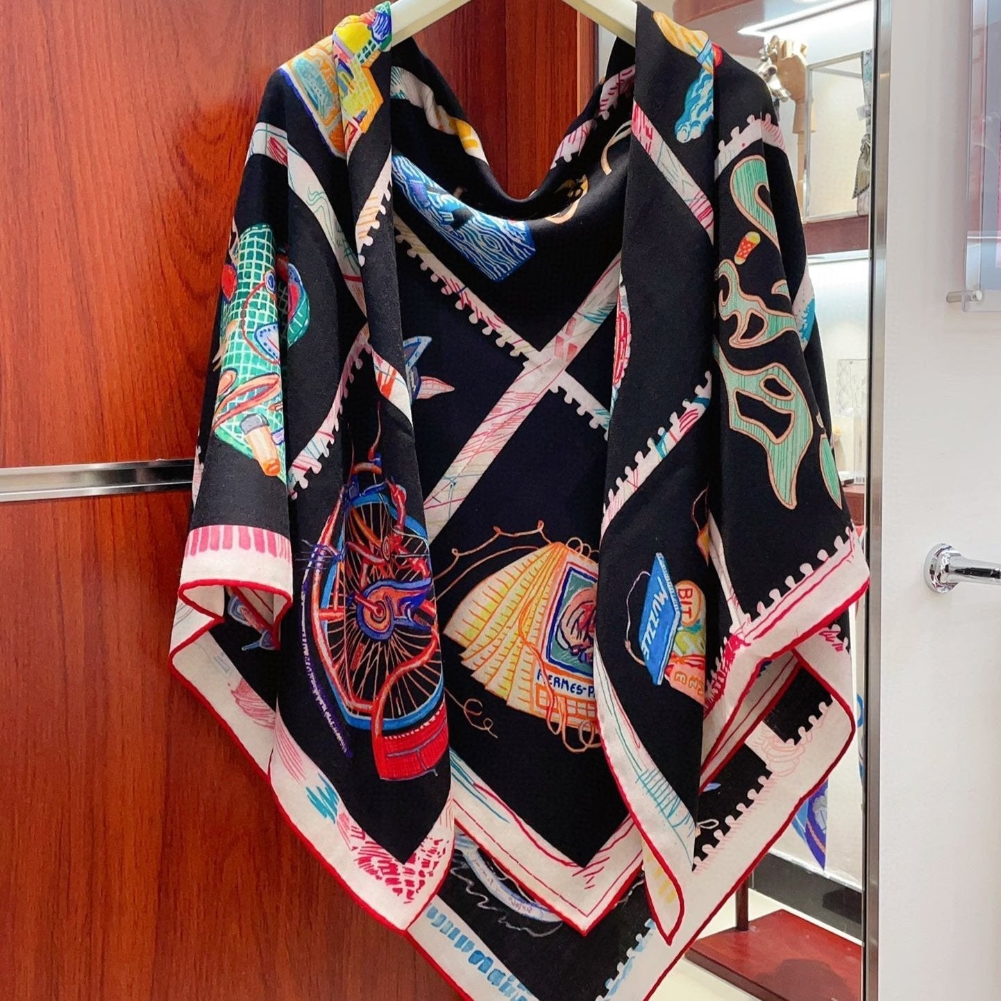 Chevaloscope Scarf 140 CM In Black Colorful Cashmere And Silk 373661