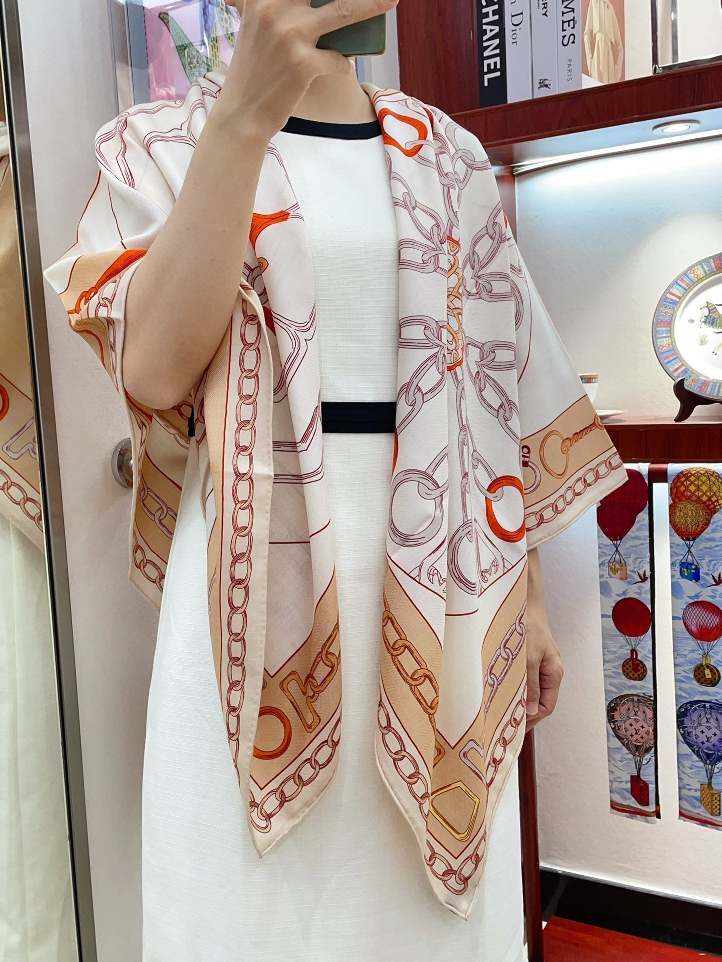 Effet Kaleidoscope Shawl 135 CM In Beige Colorful Cashmere And Silk 382610