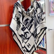CC Square Scarf 140 CM In White Black Silk  422757
