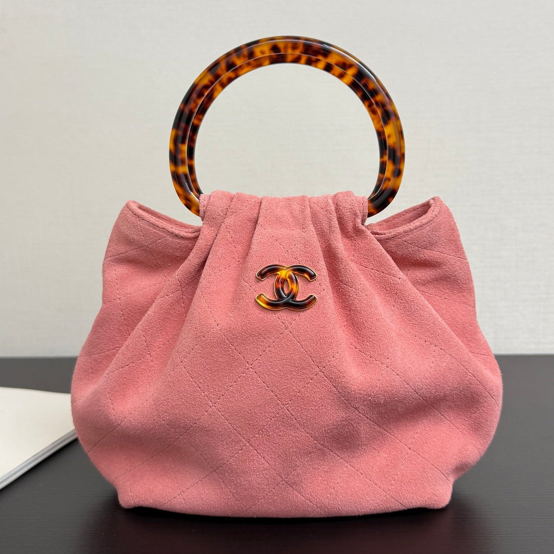 Chanel 2026 Pouch 24cm Pink Tortoiseshell Suede Effect Plexi