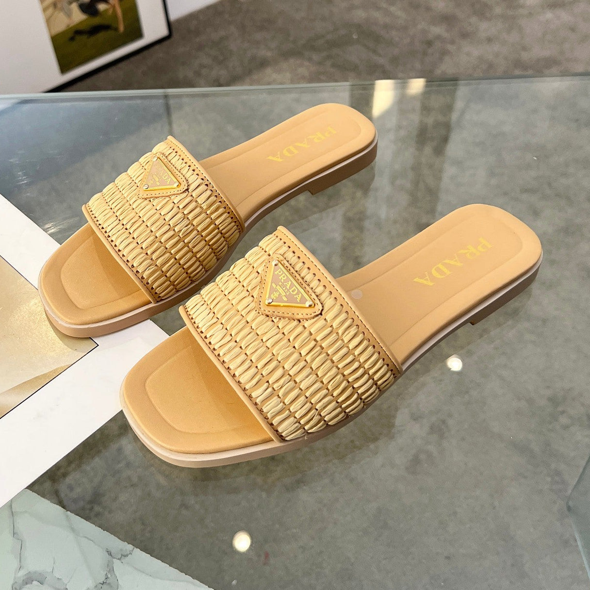 Prada 25 Slipper Beige Raffia Calfskin 177633