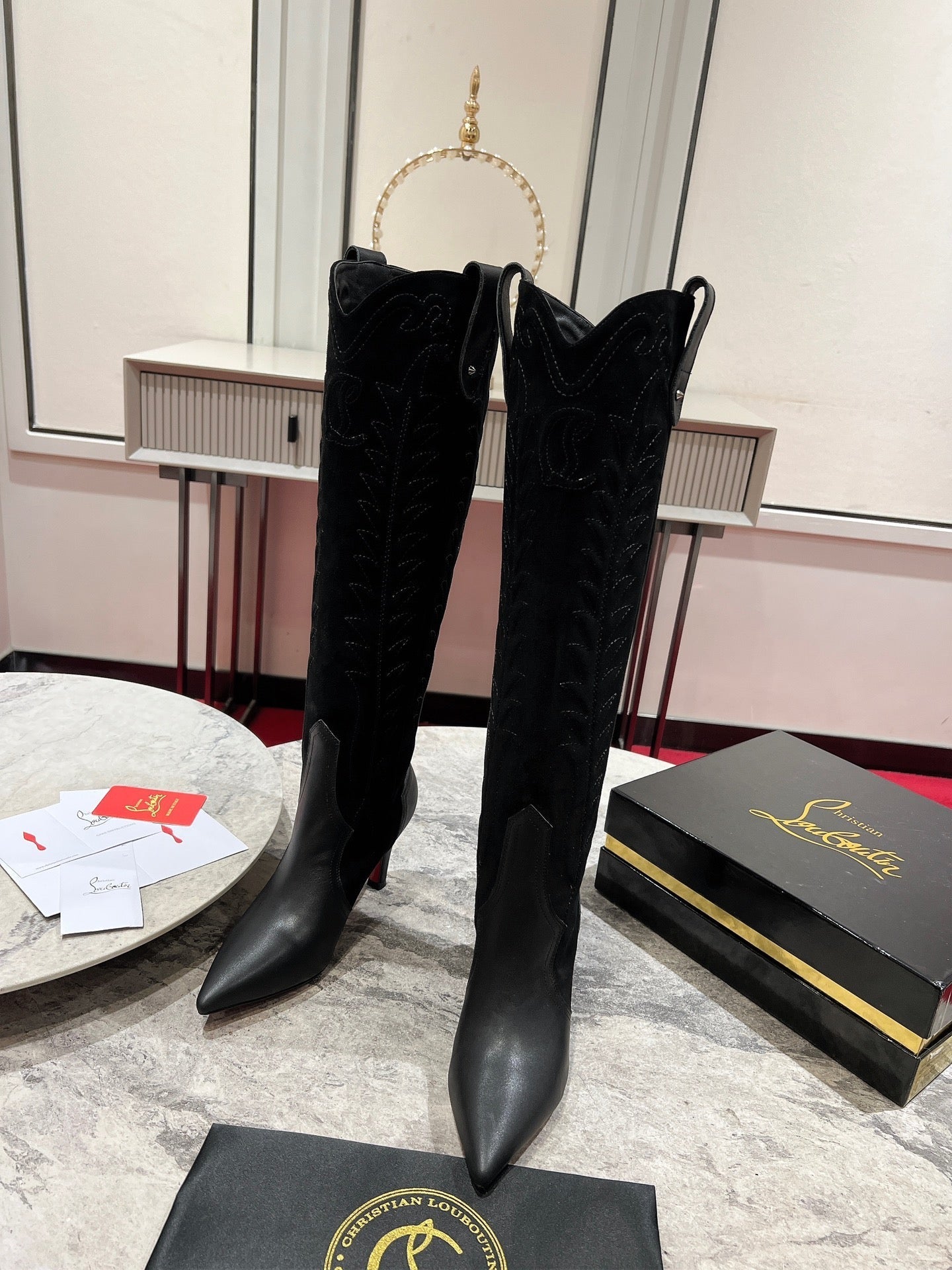 CL Santia Botta 85 mm Leather And Veau Velours Embroidery Black