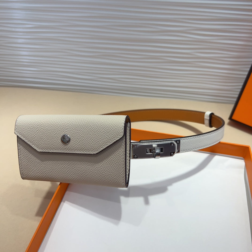 HM KELLY WHITE POCKET 18MM BELT LEATHER SILVER HARDWARE