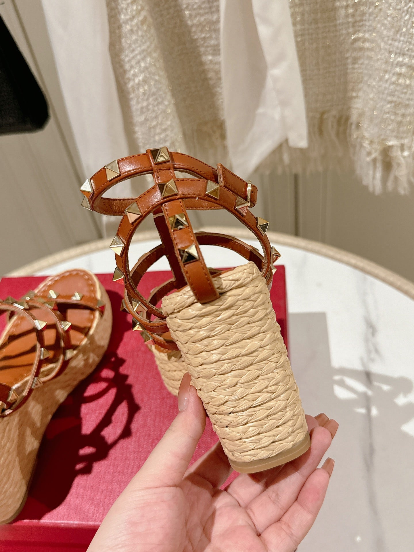 Rockstud Ankle Strap Wedge Sandal In Yam Orange Calfskin Leather And Beige Raffia 100mm 829390