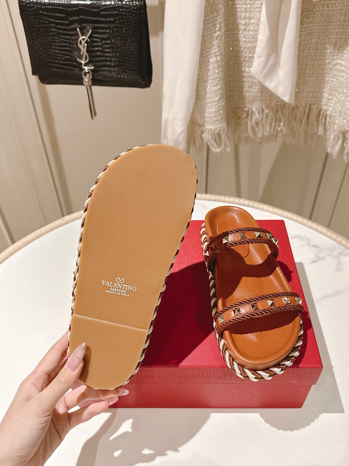 VT Rockstud Sandals Brown Espadrilles Cowhide 328127