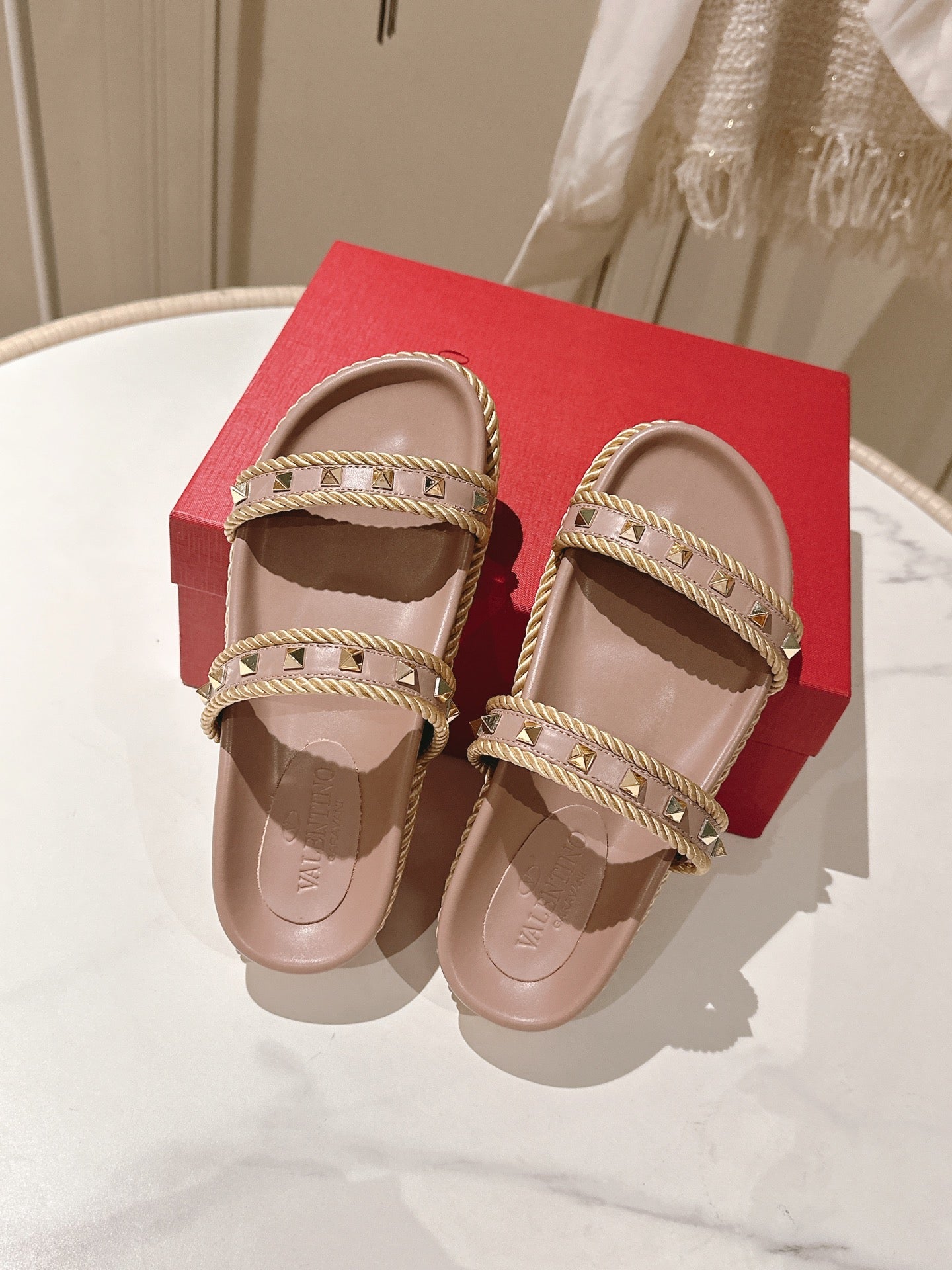 VT Rockstud Sandals Pink Nude Espadrilles Cowhide 328129