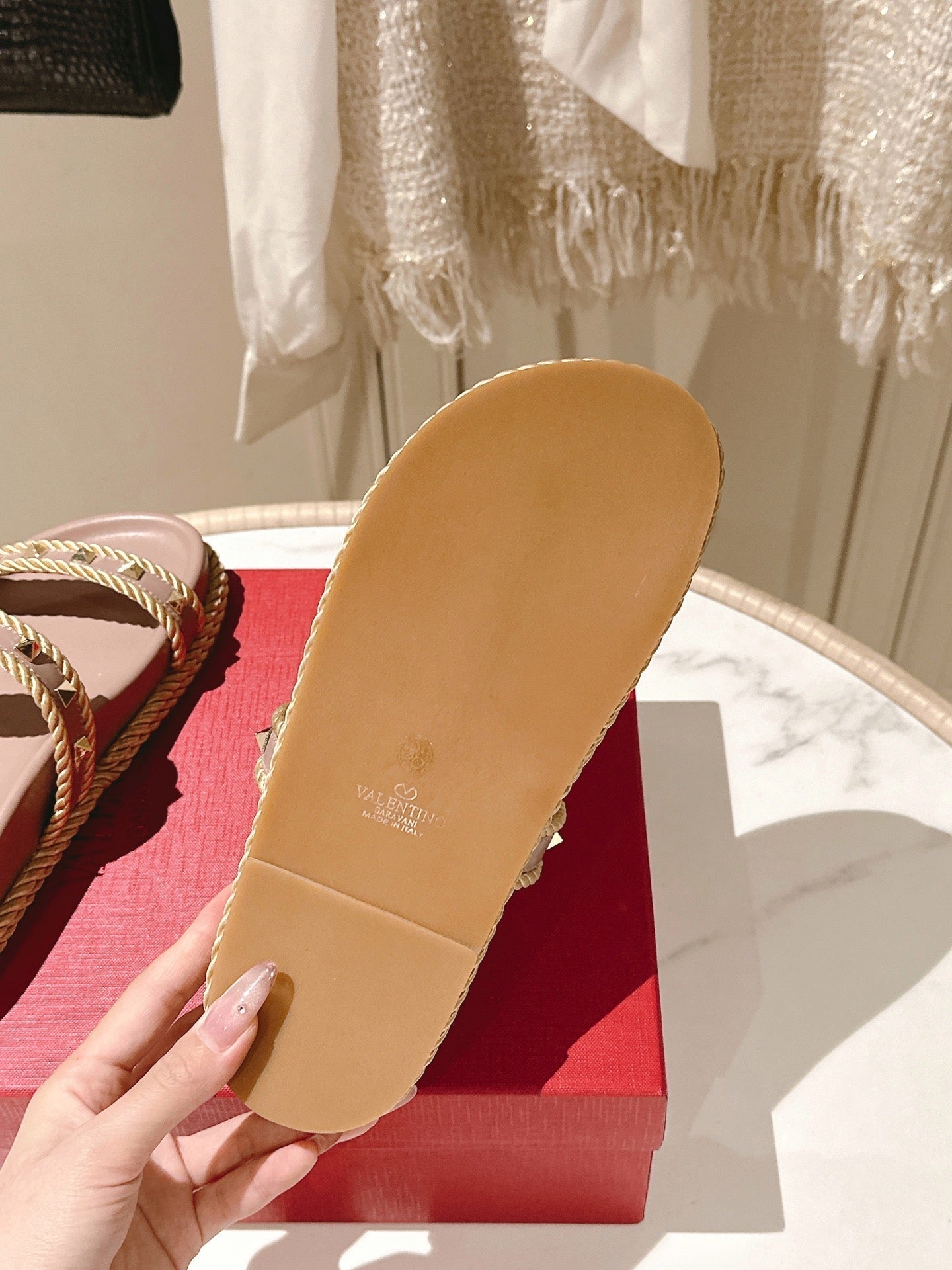 VT Rockstud Sandals Pink Nude Espadrilles Cowhide 328129