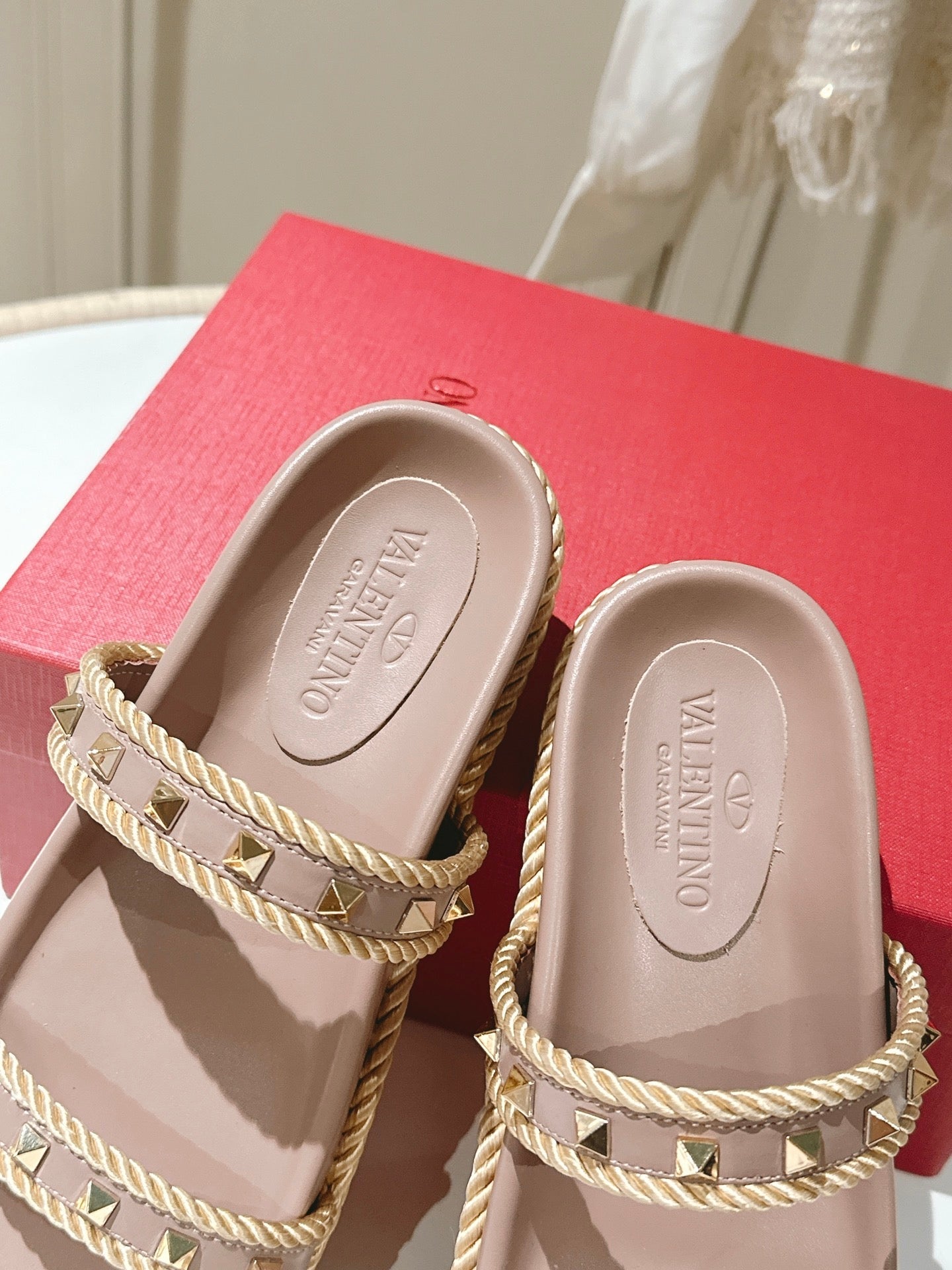 VT Rockstud Sandals Pink Nude Espadrilles Cowhide 328129