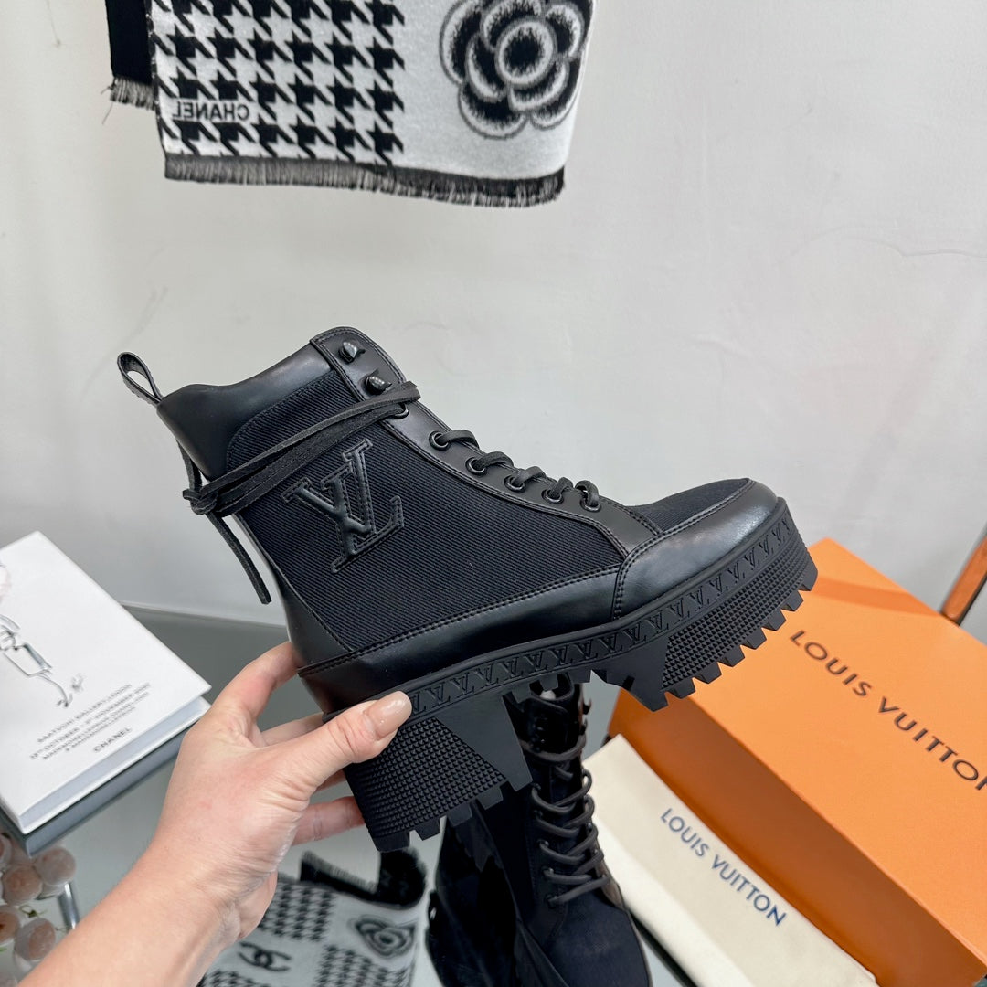 LV Laureate Platform Desert Boot 70mm Black Fabric Mix Cowhide