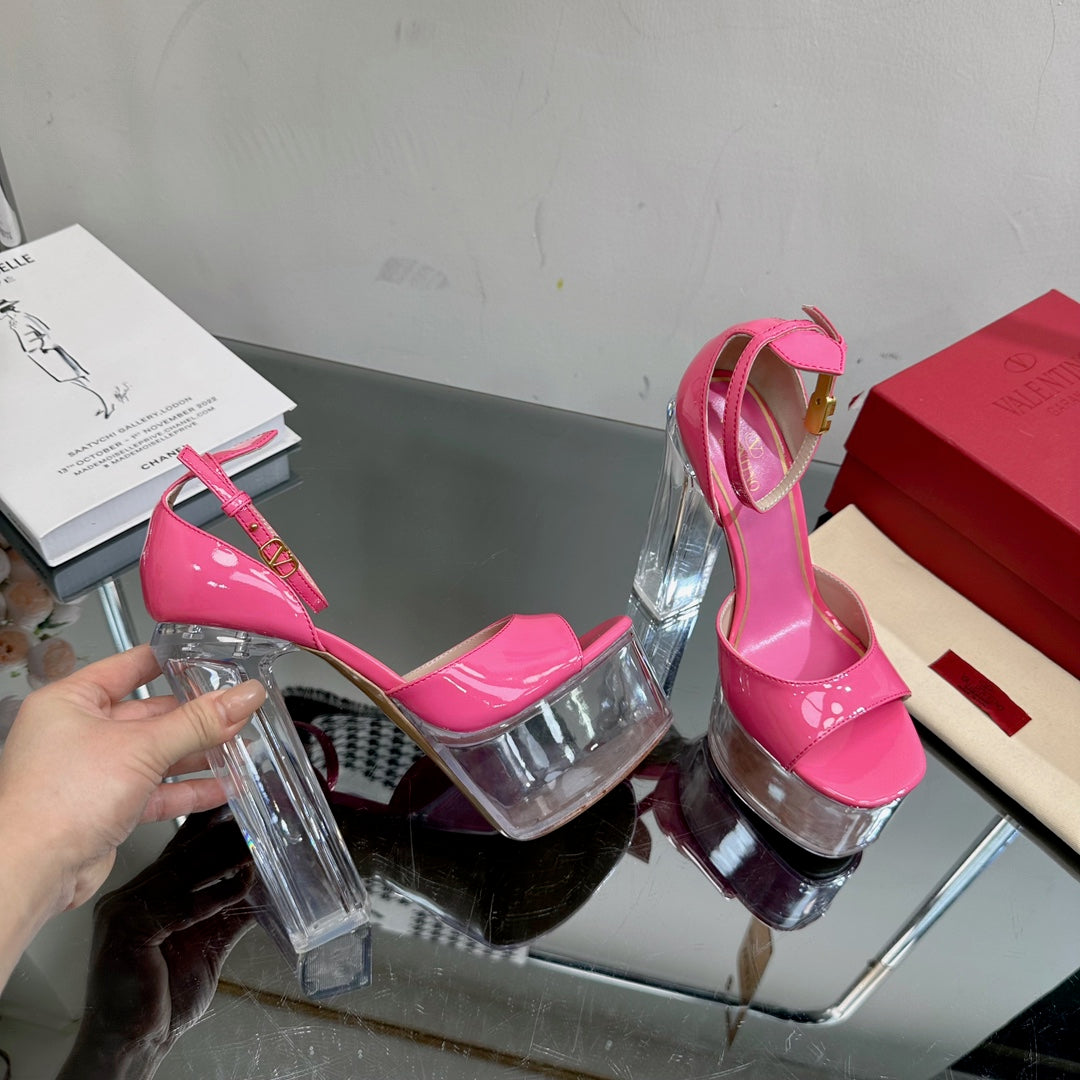 HIGH SANDAL 14CM IN BRIGHT PINK CALFSKIN AND TRANSPARENT PVC