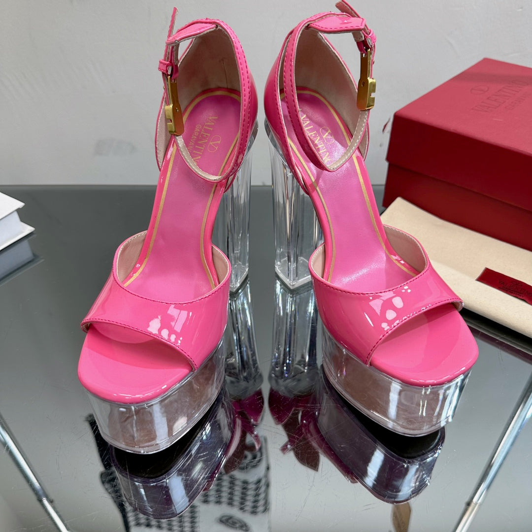 HIGH SANDAL 14CM IN BRIGHT PINK CALFSKIN AND TRANSPARENT PVC