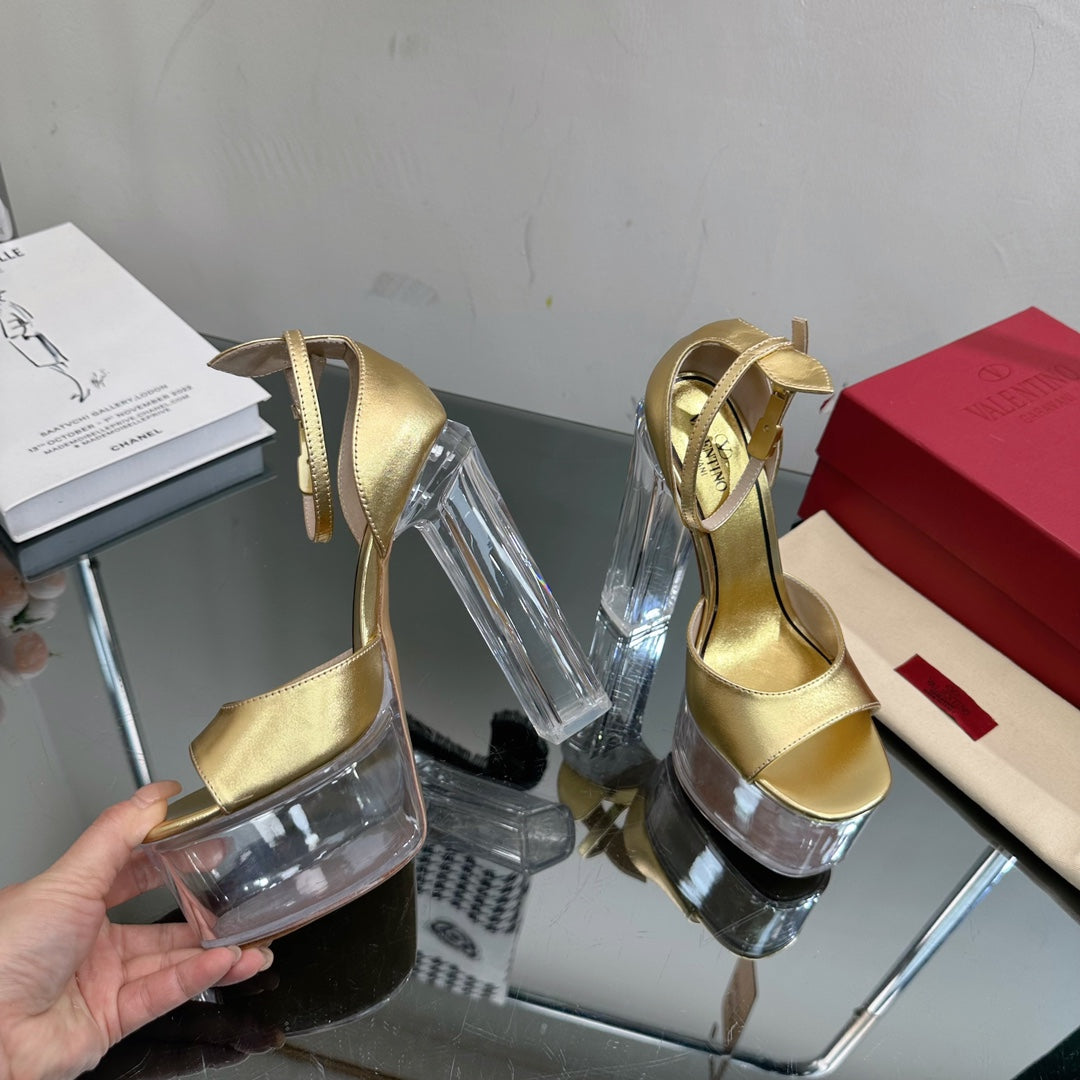 HIGH SANDAL 14CM IN GOLD CALFSKIN AND TRANSPARENT PVC