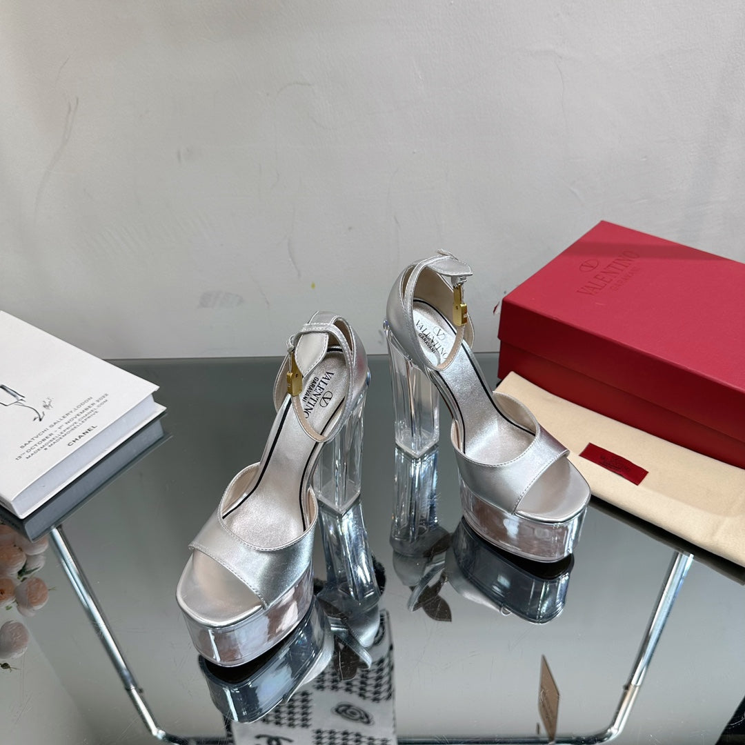 HIGH SANDAL 14CM IN SILVER CALFSKIN AND TRANSPARENT PVC