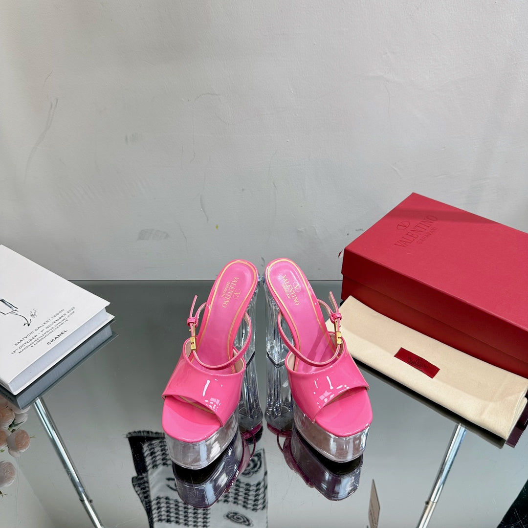 HIGH HEEL SANDAL 14CM IN BRIGHT PINK CALFSKIN AND TRANSPARENT PVC