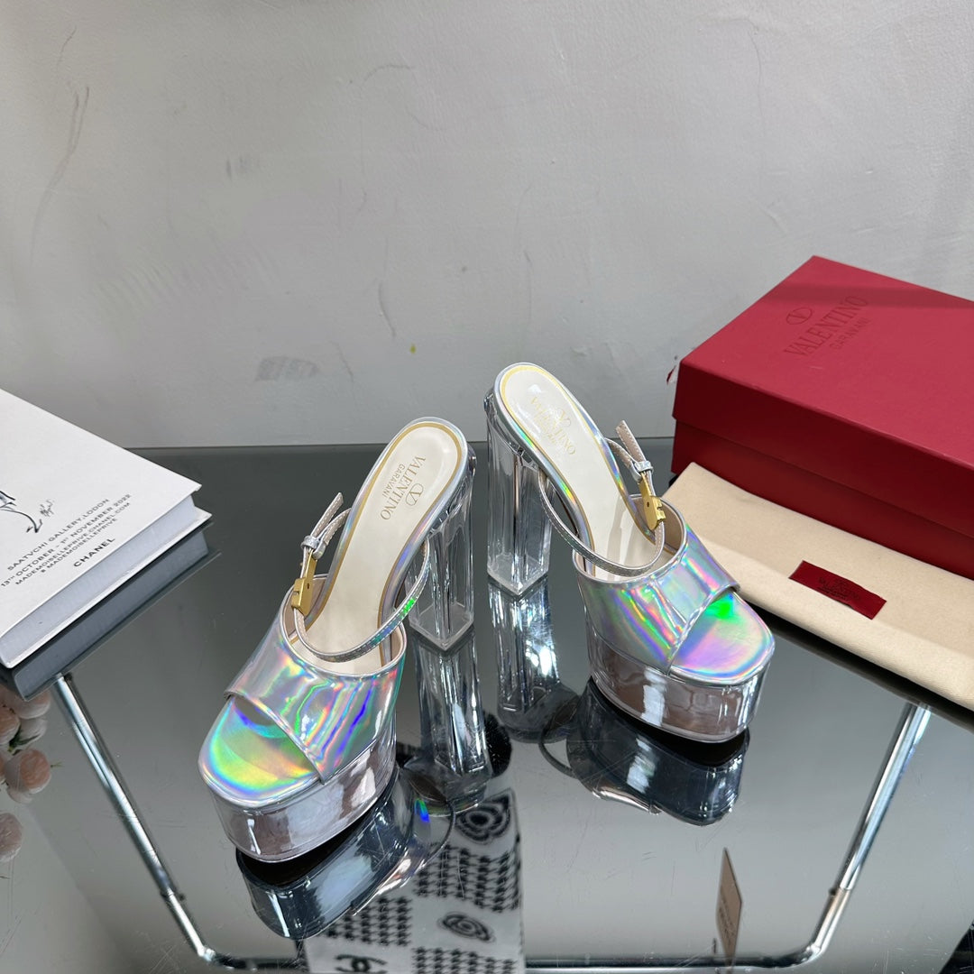 HIGH HEEL SANDAL 14CM IN SILVER CALFSKIN AND TRANSPARENT PVC