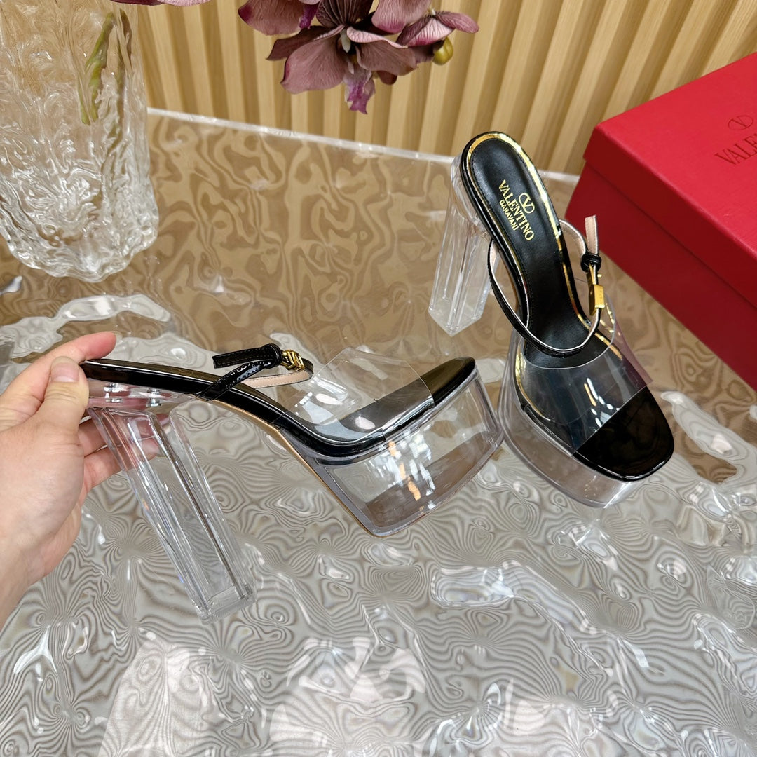 HIGH HEEL SANDAL 14CM IN BLACK CALFSKIN AND TRANSPARENT PVC