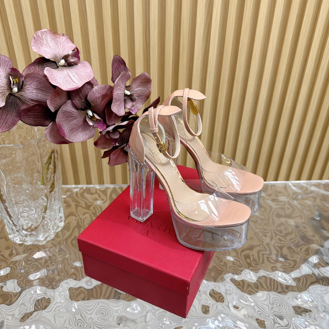 HIGH SANDAL 14CM IN NUDE TAN CALFSKIN AND TRANSPARENT PVC