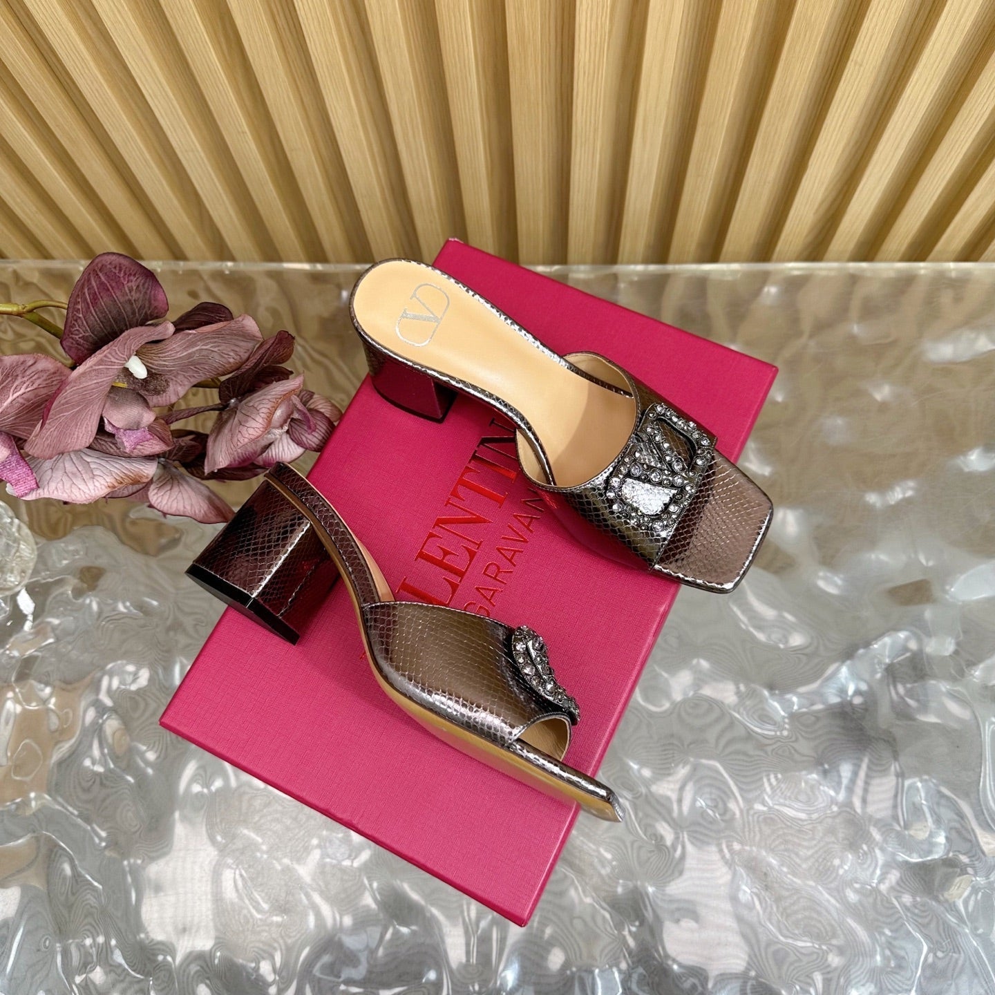 VT 25 Vlogo Mule Pink Gold Snakeskin Leather