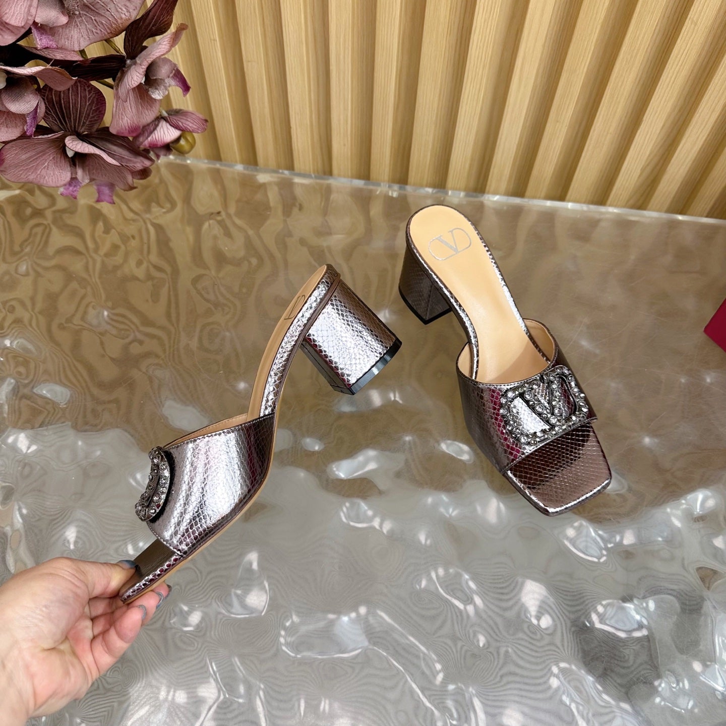 VT 25 Vlogo Mule Pink Gold Snakeskin Leather