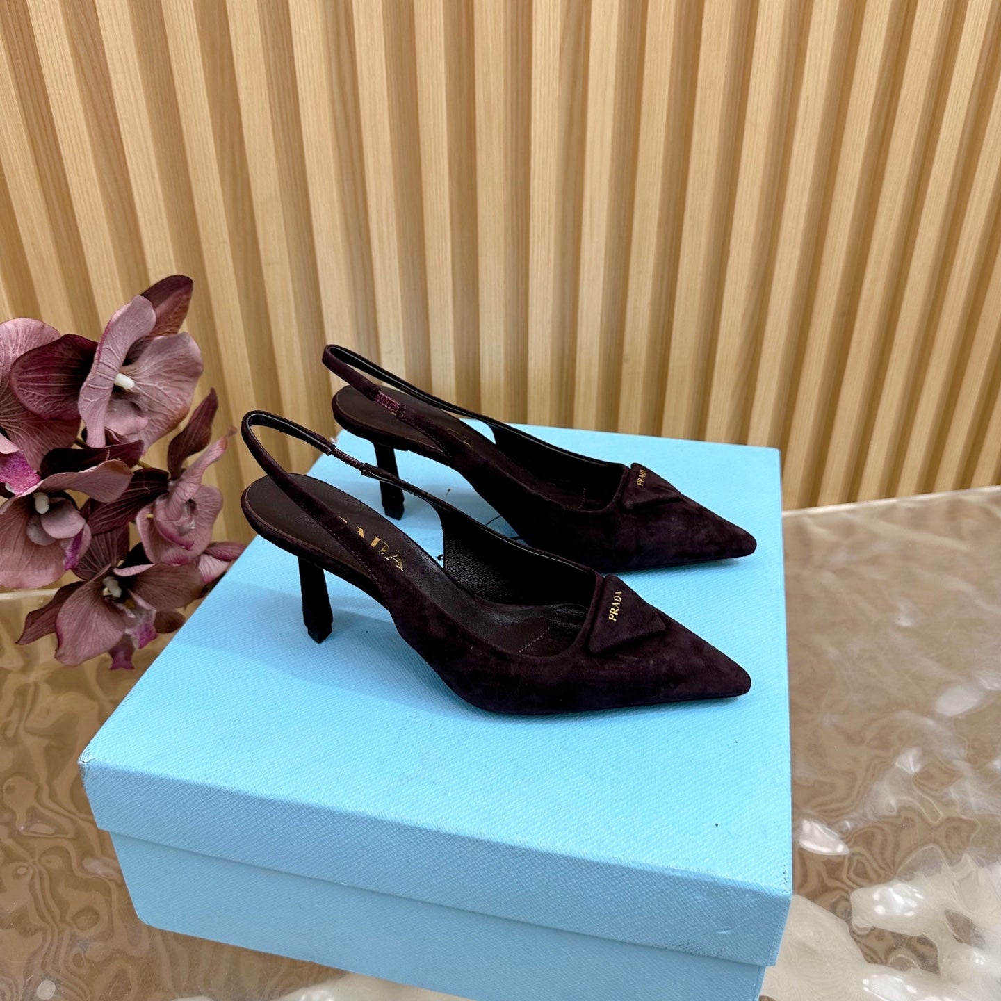 Prada 2025 Slingback Deep Burgundy Suede Sheepskin