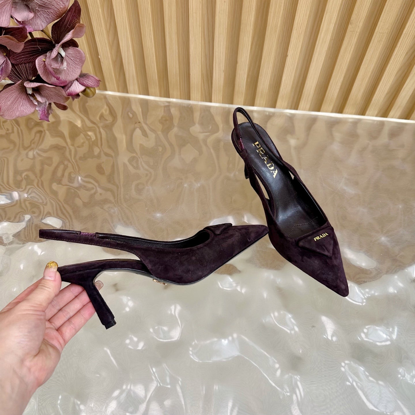Prada 2025 Slingback Deep Burgundy Suede Sheepskin