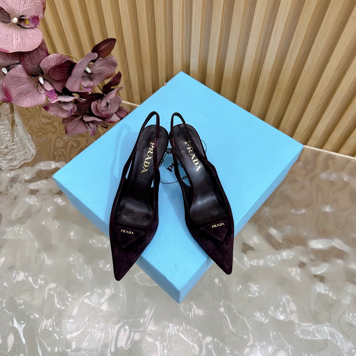 Prada 2025 Slingback Deep Burgundy Suede Sheepskin