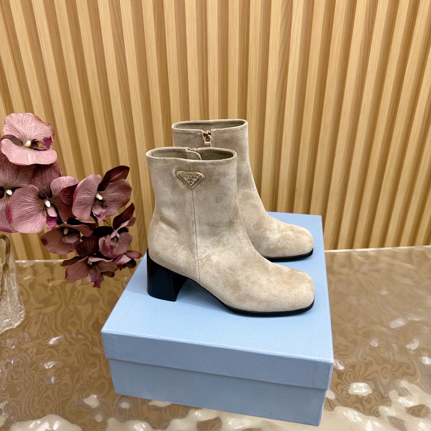 Prada 25 Boot Beige Black Suede 498221